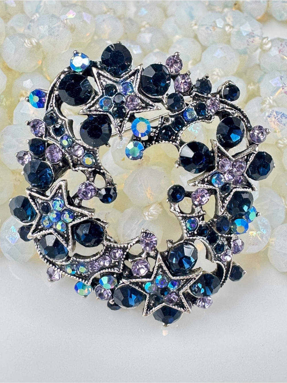 Crystal Starburst Wreath Brooch - Navy and Lavender